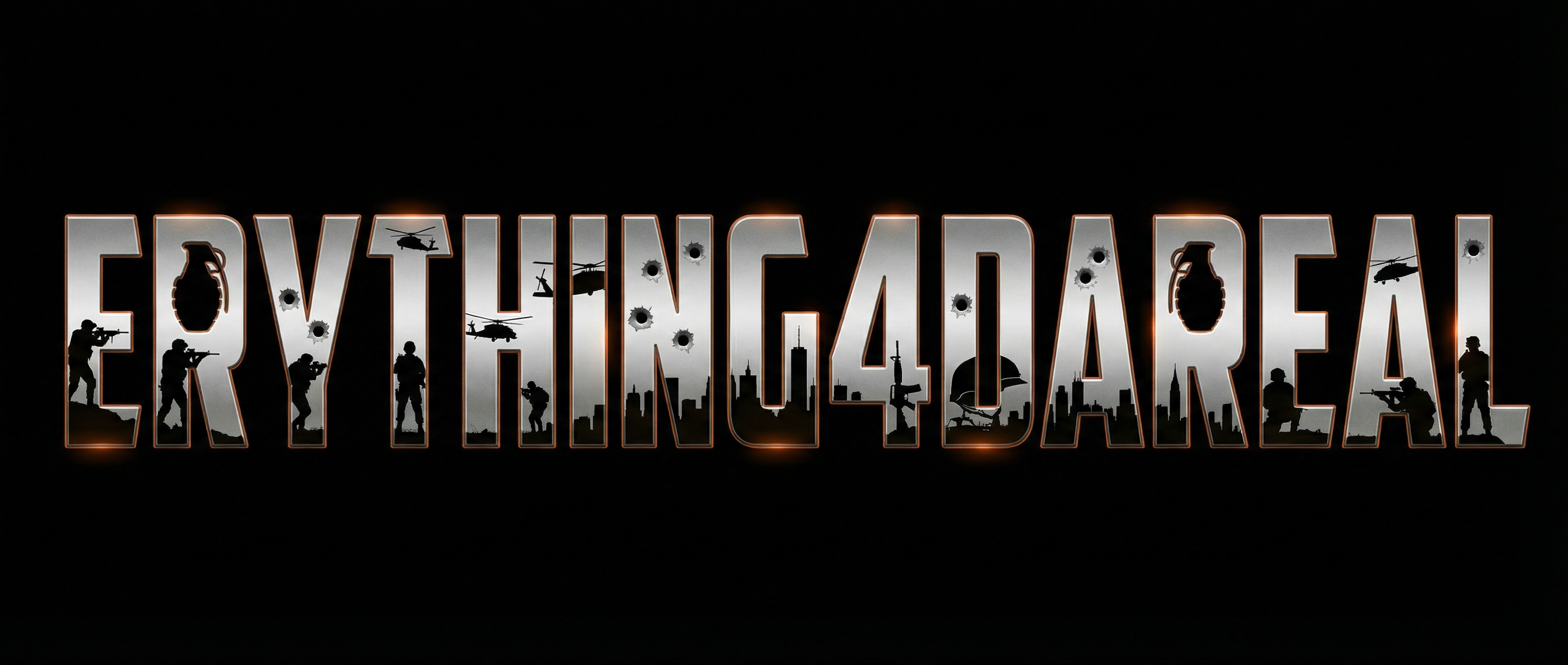 Erything4DaReal โ military block letter typography with soldier silhouettes, grenades, and bullet holes inside each letter