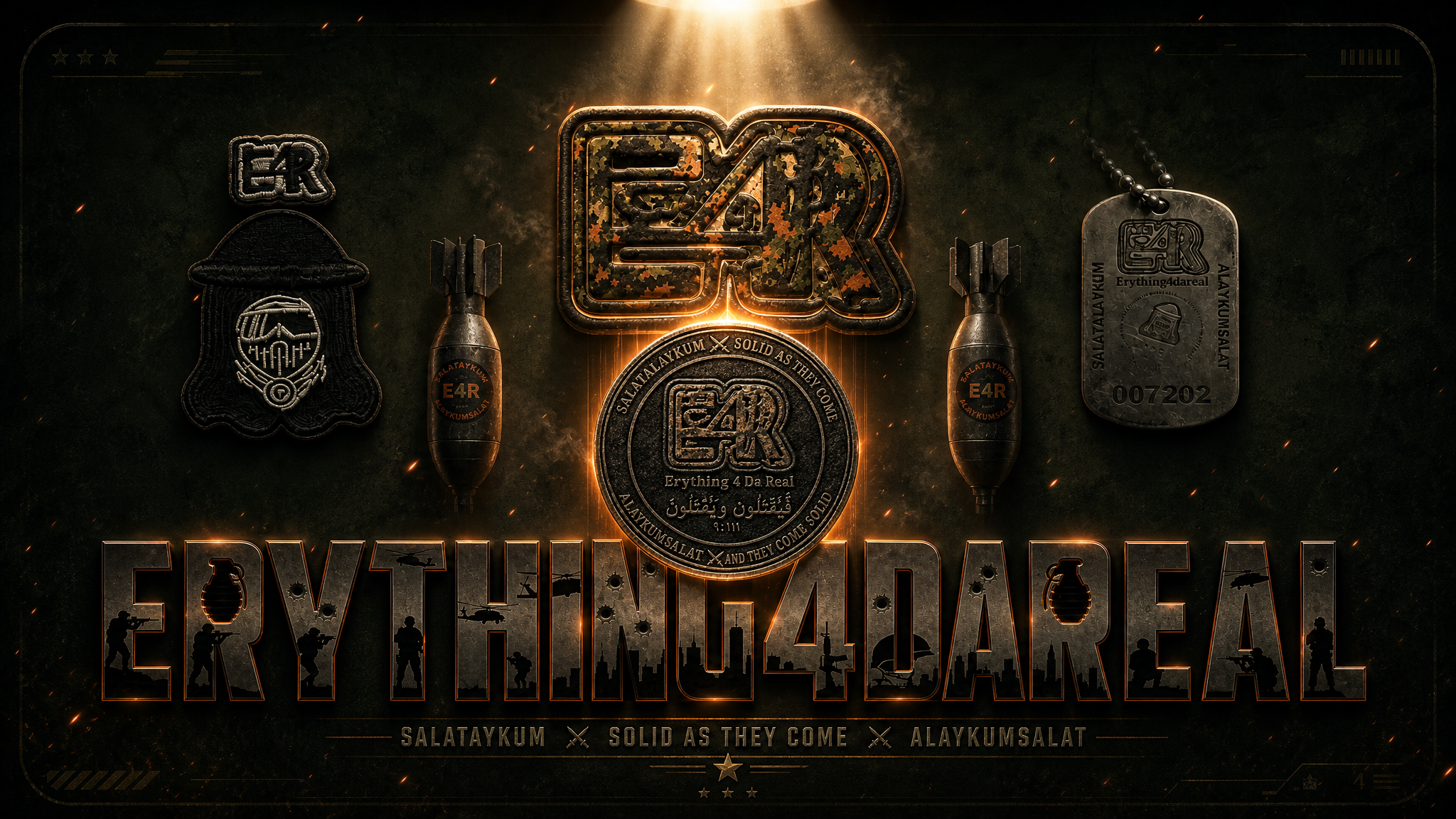 E4R Erything 4 Da Real — premium brand showcase featuring camo logo, patches, dog tags, challenge coin, and military typography