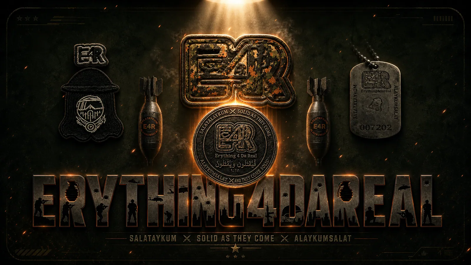 E4R Erything 4 Da Real — premium brand showcase featuring camo logo, patches, dog tags, challenge coin, and military typography